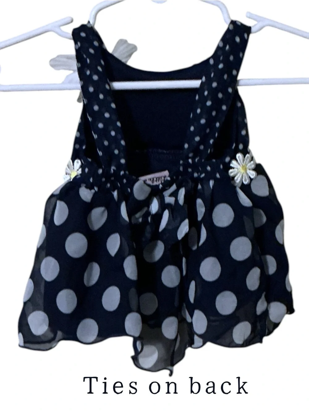 🌼Little Lass Navy and White Polka Dot Dress with Daisy Trim
